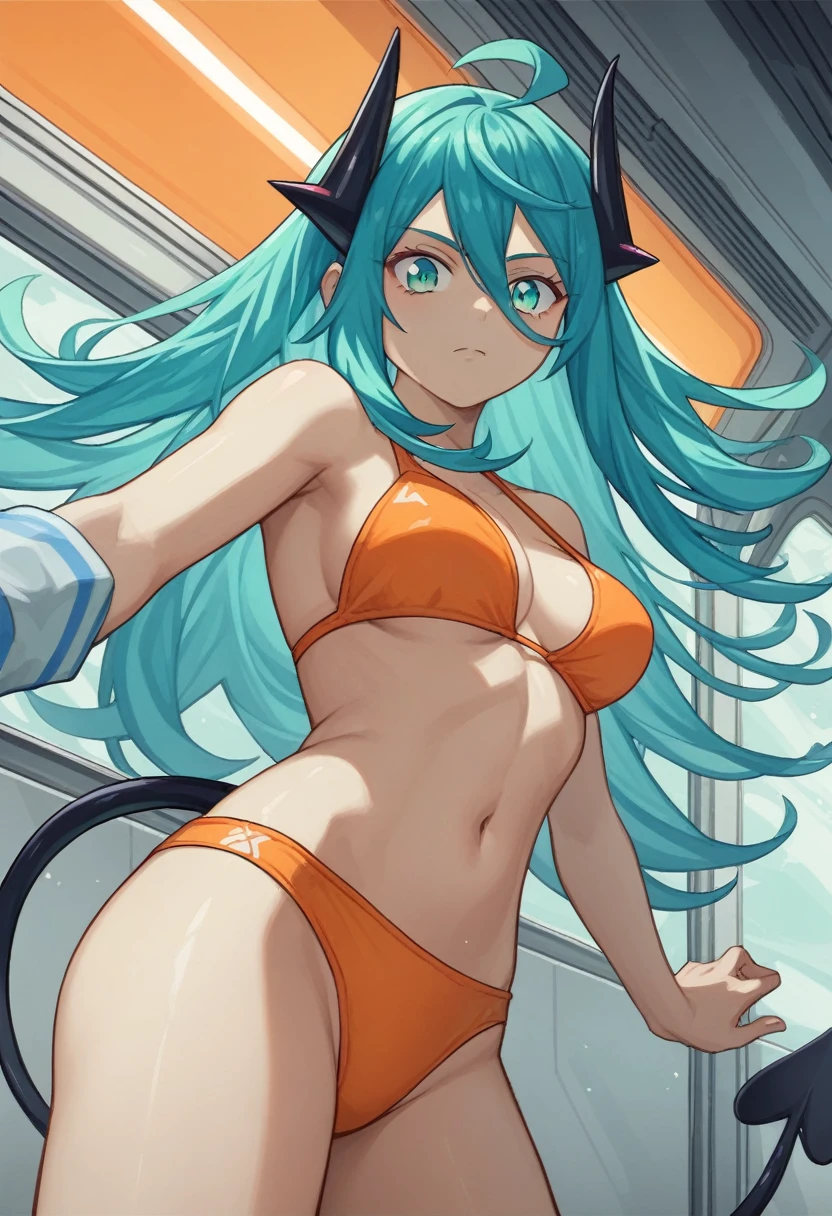 score_9, score_8_up, score_7_up,1 daemon woman, black  horns,1 black demon tail, (aquamarine hair),aquamarine green color hair,ahoge, long hair, (long hair),bangs, light orange bikini, bikini is orange, bikini orange, orange bikini!, (aquamarine eyes), background is spaceship, aquamarine eyes, 1woman ,facing viewer, daemon girl,  close up,Well-endowed, alone, Spacecraft interior, dynamic pose