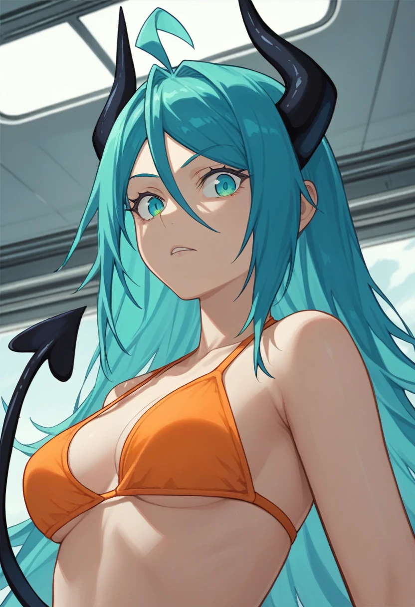 score_9, score_8_up, score_7_up,1 daemon woman, black horns,1 black demon tail, (aquamarine hair),aquamarine green color hair,ahoge, long hair, (long hair),bangs, light orange bikini, bikini is orange, bikini orange, orange bikini!, (aquamarine eyes), background is spaceship, aquamarine eyes, 1woman ,facing viewer, daemon girl, close up,Well-endowed, alone, Spacecraft interior, dynamic pose
