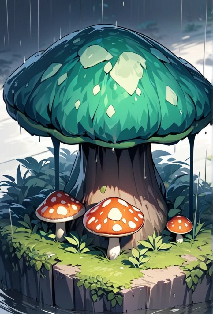 top quality, best quality, 4k, 8k, High-quality illustrations, masterpiece, Treetops sheltering in the rain under a large mushroom, no humans,Quarter View, Isometric View,