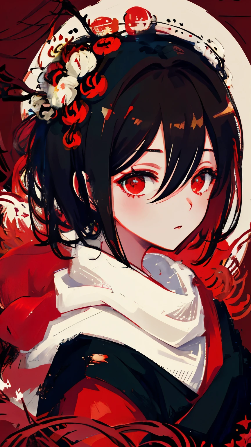 (Japanese Art Art),1 Girl,illustration,Dark brown hair,Shoulder,Flowers,Solo Performance,Delicate eyes,scarf,Hair accessories,Long flowing black hair,viewfinder,short hair,Japanese clothing,Red Theme,Red background,Common,Red spider lily