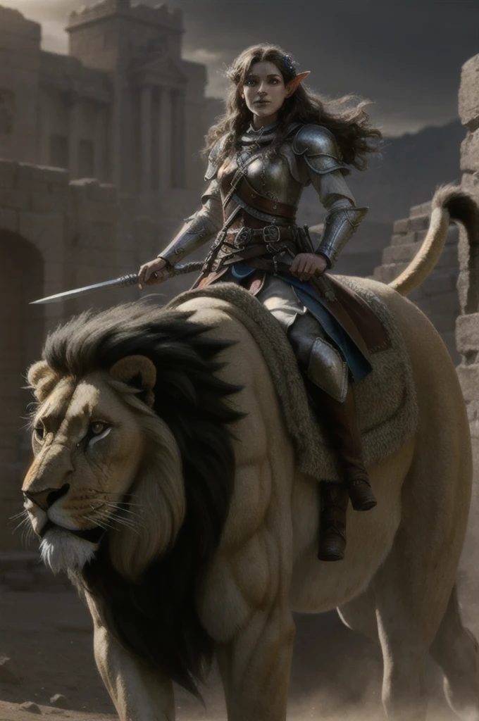 Masterpiece, Best quality, Ultra-detailed, illustration, epic lighting, Cinematic composition. fantasy, a elf paladin girl riding large long mane lion. 