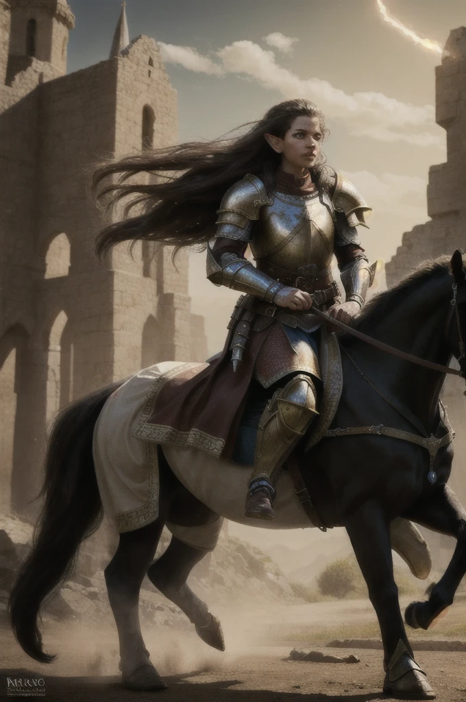 Masterpiece, Best quality, Ultra-detailed, illustration, epic lighting, Cinematic composition. fantasy, a elf paladin girl riding large long mane lion. 