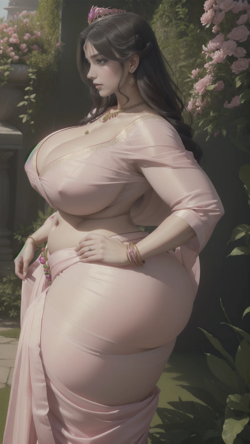 POV from front breasts, back view from above Attractive dressing Beautiful colorful hairs,perfect facial features of well dressed saree blouse in big garden,side face,empty hand's ,looks like gorgeous wife giving a eligent pose wearinng Indian saree blouse,(blouse colour pink) ((with big body curves, attractive queen diamond crown full saree blouse dressed 💍 pink clothing,bouncy breasts:2.4,puffy ,big attractive size ass thin waist,big wide hips)) wearing necklaces with princess sexy attractive hook blouse, colourfull
