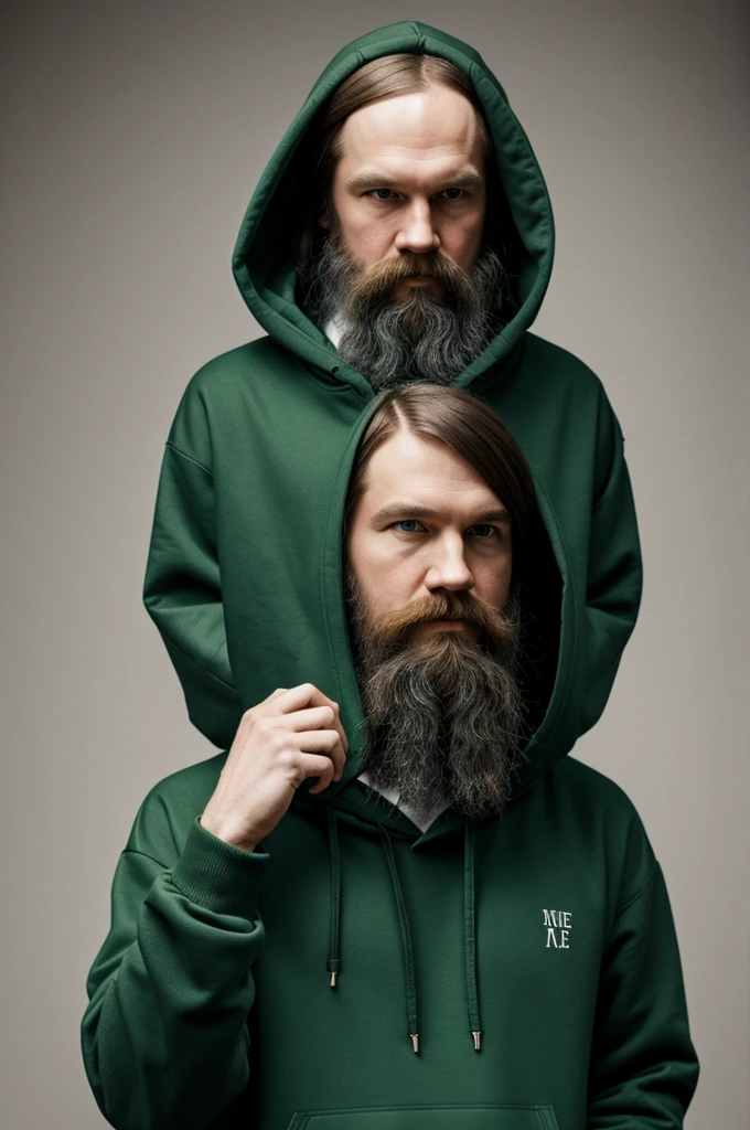 Mendeleev wearing a green hoodie with the English writing ATOM on white