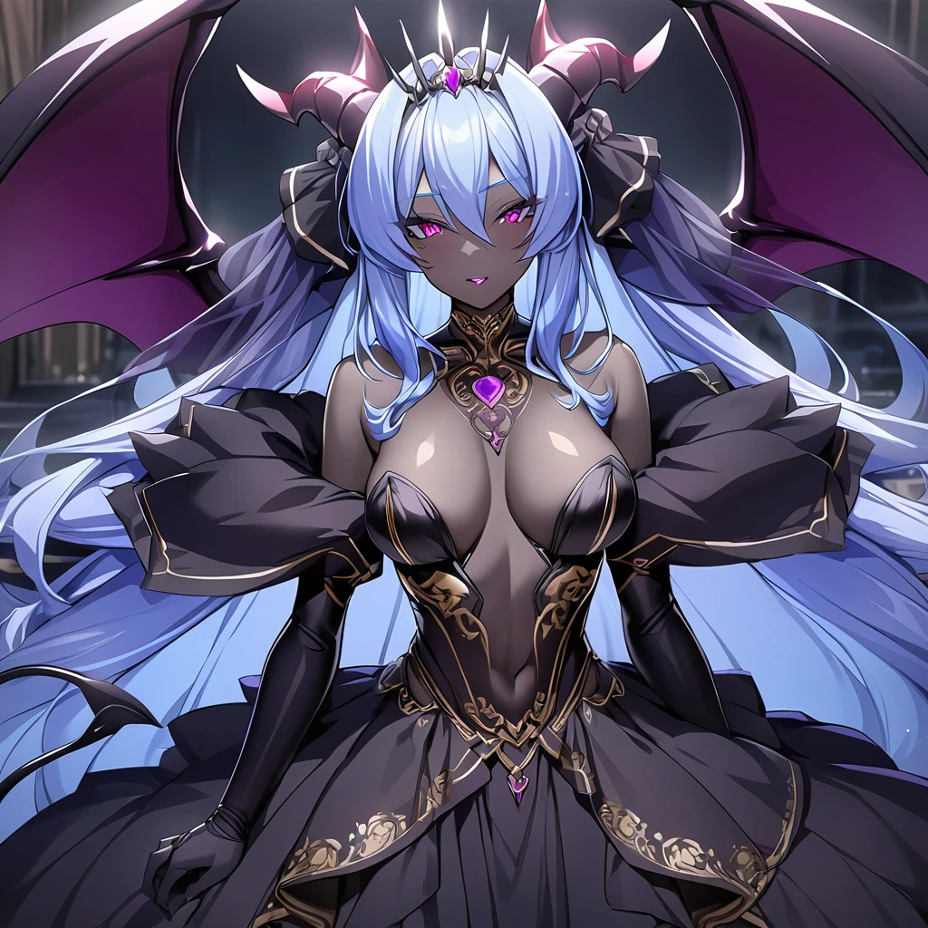 ((Highest quality)), ((masterpiece)), (detailed), (Perfect Face)、The woman was a beautiful, jet-black archdemon with jet-black skin, the evil queen, Devil Extia. She had medium-long blue hair, was wearing a gorgeous black wedding dress with gold embroidery and trim, a black wedding veil, an engagement ring, and gorgeous accessories. She was the elegant, beautiful archdemon queen.、A beautiful, jet-black-skinned demon with magnificent devil horns, devil wings, and a devil tail.