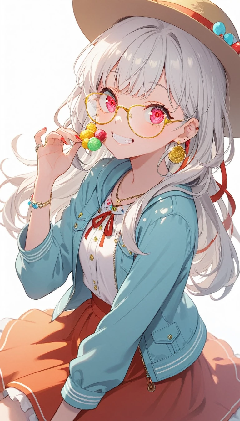 One girl, alone, Long Hair, View your viewers, smile, bangs, ((Blue Jacket)), Red pastel skirt、Red eyes,White hair in the eye、Beautiful eyes that shine、((yellow boater hat with red ribbon))、White Jewelry, Sitting, Jacket, Upper Body, Silver Hair、 earrings, Glasses, teeth, Grin, open Jacket, Earrings, ring, ear Earrings,Colored Glasses, White Background、White background,Umaibo、Candy、Eat sweets