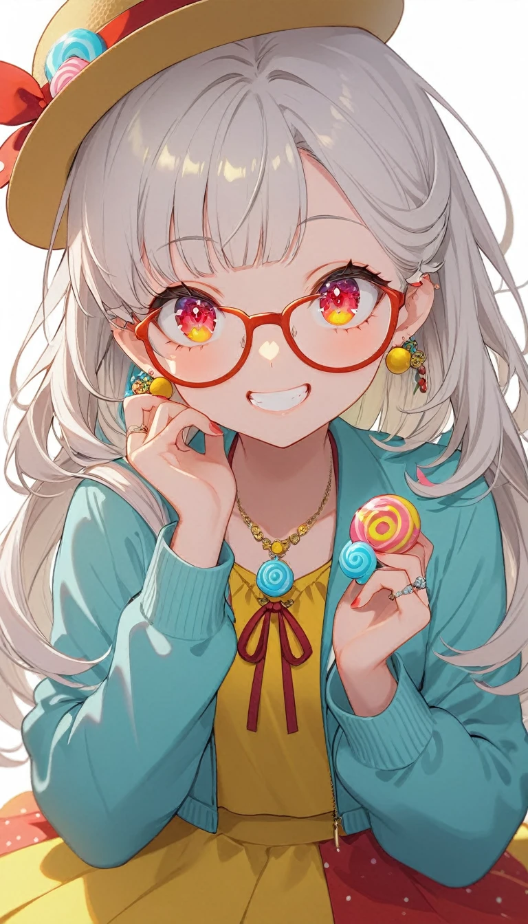 One girl, alone, Long Hair, View your viewers, smile, bangs, ((Blue Jacket)), Red pastel skirt、Red eyes,White hair in the eye、Beautiful eyes that shine、((yellow boater hat with red ribbon))、White Jewelry, Sitting, Jacket, Upper Body, Silver Hair、 earrings, Glasses, teeth, Grin, open Jacket, Earrings, ring, ear Earrings,Colored Glasses, White Background、White background,Umaibo、Candy、Eat sweets