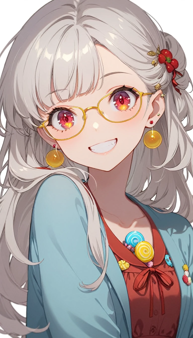 One girl, alone, Long Hair, View your viewers, smile, bangs, ((Blue Jacket)), Red pastel skirt、Red eyes,White hair in the eye、Beautiful eyes that shine、((yellow boater hat with red ribbon))、White Jewelry, Sitting, Jacket, Upper Body, Silver Hair、 earrings, Glasses, teeth, Grin, open Jacket, Earrings, ring, ear Earrings,Colored Glasses, White Background、White background,Umaibo、Candy、Eat sweets