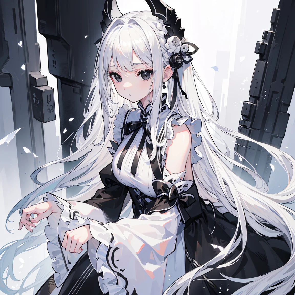 (Top image quality)、(Very detailed)、(Facing forward)、Top quality、masterpiece、(((1 girl )))、Silver Hair、White hair、((Long hair))、Weaving、(black eyes:1.6)、(White and black cheongsam)、Hooded dress、Lots of decorations、Lots of ribbons、White Ribbon、ruthless、Fluffy loose hair