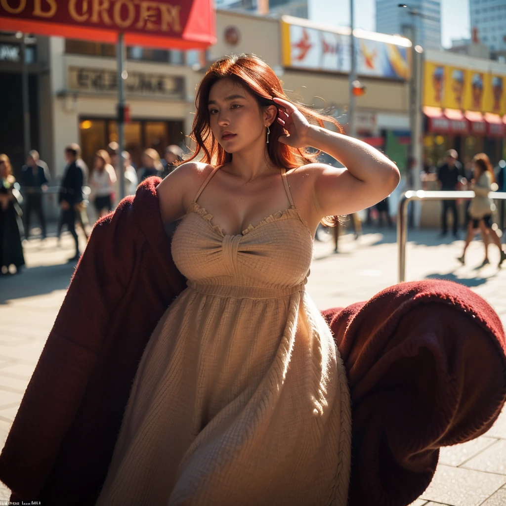 full body shot, Best quality, a 20y (chubby:1.3) kazak women, wearing (bohemian woolen dress:1.3), big breast, (sexy:1.2) (redhead:1.2) hair blowing in the wind, moody atmosphere, sunlight exposure, beautiful shadow, dramatic posing in the (crowded city:1.4), perfect object, perfect anatomy, kodacrhome, cinematic, natural, perfect direct of photography, realistic face and eyes, realistic skin, ultra highly detailed, sharp focus, beautiful film bokeh, surreal view, (candid style:1.2), shot by zenit camera with 35mm lens, Portrait by annie leibovitz
