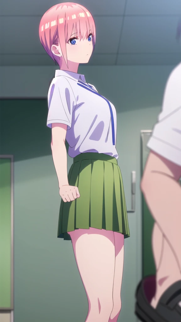 ichikanakano, Nakano Ichika, short hair, bangs, blue eyes, Hair between the eyes, Pink Hair,whole body,Low - Angle,front,looking at the camera,
break skirt, shirt, , white shirt, Short sleeve, Pleated skirt, shoes, shoes下, collared shirt, Black footwear, sweater, white shoes下, Green Skirt, loafers, Waist clothes,
break looking at viewer, whole body, Upper Body,
break indoors, classroom,
break (masterpiece:1.2), Highest quality, High resolution, unity 8k wallpaper, (figure:0.8), (Beautiful attention to detail:1.6), Highly detailed face, Perfect lighting, Highly detailed CG, (Perfect hands, Perfect Anatomy),