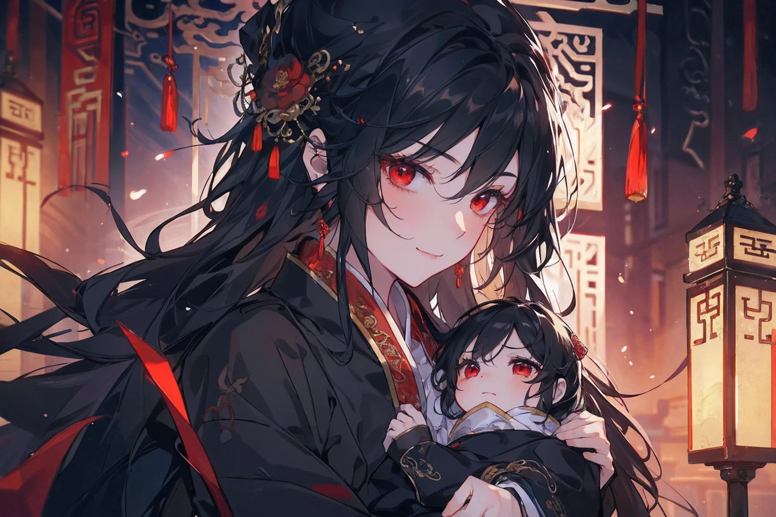 (extremely detailed 8K wallpaper),(ultra-detailed),(best quality),(masterpiece),(highly detailed),(cinematic lighting),(Original),Cold ligh,moody,(Chinese elaborate-style painting ),ink style, black hair, red eyes, sweet smile, sad face, holding her little baby