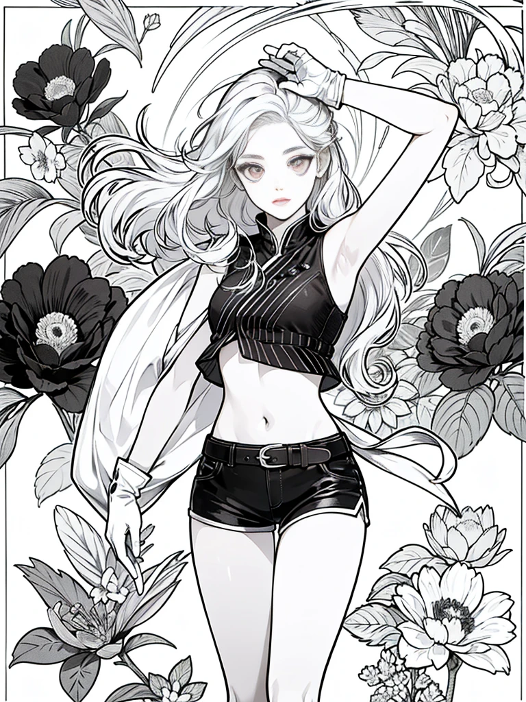 Line art、Drawing with line,monochrome、(masterpiece, Highest quality, Highest quality, Official Art, beautifully、aesthetic:1.2),(8k, Highest quality, masterpiece:1.2), (((masterpiece))),(((Highest quality))),(((extremely detailed))),illustratiのsuperior,Who, (masterpiece, Highest quality, Highest quality, Official Art, beautifully、aesthetic:1.2),(8k, Highest quality, masterpiece:1.2), detailed, (masterpiece:1.2), (青whiteい_skin:1.2), (alone:1.2), (woman), thin, (Shine_eye), red_eye, shorts, lのsuperiorg_hair, Glovess, flower, belly button, white_hair, armpits, Spider_Yuri, black_Glovess, short_shorts, tattoo, black_shorts, Broke up_lips, Lie in, single_Gloves, のsuperior_return, eye_appear_Through_hair, Stomach, red_flower, 前hair, belt, arm_superior, abdomen, asymmetrical_Glovess, cowboy_shot, independent_sleeve, just_shoulder, red_Glovess