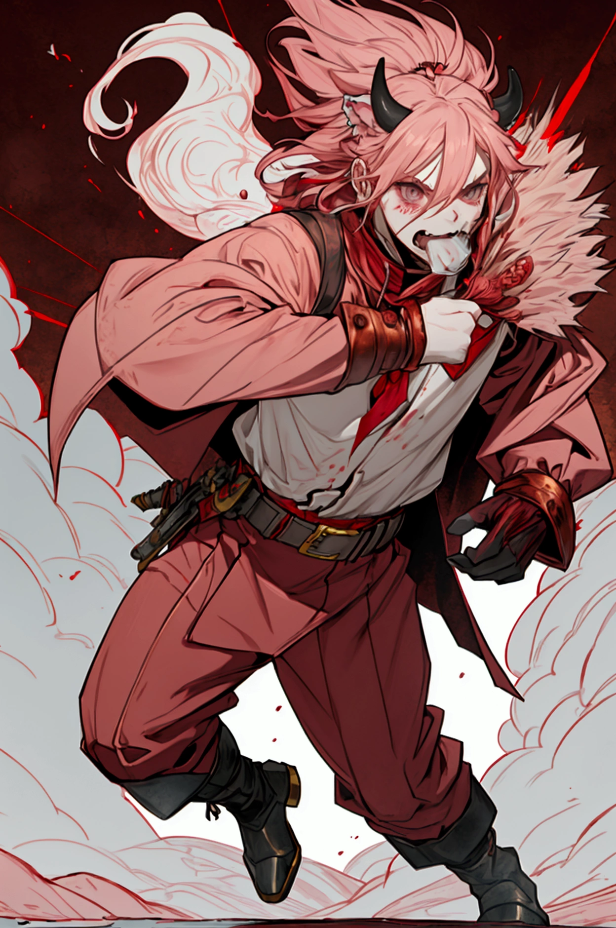 Cow，Full body portrait，front Photo，No background，Wearing a silver-polished iron helmet，‌Wearing velvet and golden armor，‌Step-in curled toe pink suede boots，Waist-tied silk three-strand lion belt，‌Two eyes as bright as a mirror，‌Two eyebrows are as bright as red neon，‌Blood-mouthed，‌Gear Copper Plate，The roar was so loud that it frightened the mountain gods，‌Action is powerful and the evil ghosts are in a panic