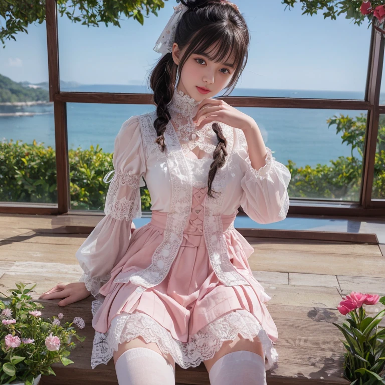 best quality, masterpiece, lifelike, 1 girl, solitary, eternity, Hair tied in a ponytail, Bangs, laugh out loud, layered lace skirt, Puff sleeves, Wide sleeves, Transparent sleeves, flower, Detailed Background, Delicate face,pink blush,White,knee socks, pink shoes,cold,lots of lace,((masterpiece))、(top quality)、8k、high detail、Super detailed、 21 years old female,masterpiece、born、intricate details showcase the ruffles and intricate designs of the Lolita dress、fair、magic、realism、Visual effects、FXAA、SSAO、Shader、voiceless、ambient lighting、Tone mapping、High resolution、Ultra high quality、Million pixels、(8k resolution:1.10)、8k resolution、high detail、intricate details、 (high quality:1.2、masterpiece:1.2、:1.21)、(21 years old female),Landscape photos