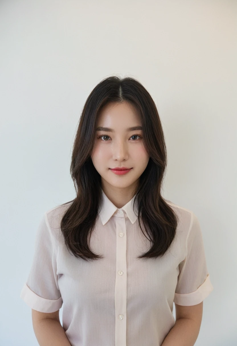 Best Quality, 8k, Masterpiece, (Portrait: 1.3), (photo realistic:1.4), (hyper realistic:1.4), Sharp Focus, looking at viewer, (smoother lighting:1.1), (increase cinematic lighting quality:0.9), realistic lighting, backlighting, light on face, ray trace, (brightening light:1.2), (Increase quality:1.4), sharp detail, (best quality real texture skin:1.4), finely detailed eyes, black_eyes, finely detailed face, 25 year old Korean woman, (white formal_shirt:1.4), (Create an image maintaining the original base model hairstyle:1.5),smiling_face