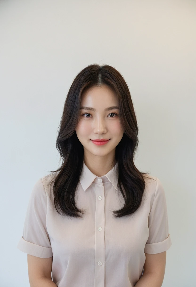 Best Quality, 8k, Masterpiece, (Portrait: 1.3), (photo realistic:1.4), (hyper realistic:1.4), Sharp Focus, looking at viewer, (smoother lighting:1.1), (increase cinematic lighting quality:0.9), realistic lighting, backlighting, light on face, ray trace, (brightening light:1.2), (Increase quality:1.4), sharp detail, (best quality real texture skin:1.4), finely detailed eyes, black_eyes, finely detailed face, 25 year old Korean woman, (white formal_shirt:1.4), (Create an image maintaining the original base model hairstyle:1.5),smiling_face
