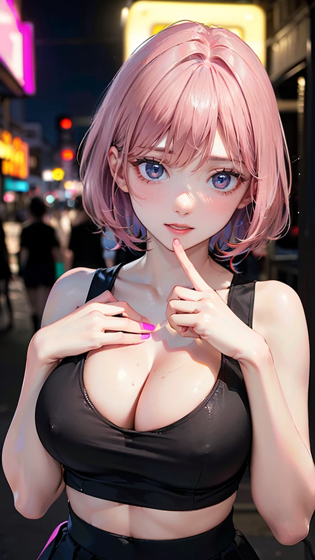 ((Highest quality, 8k, masterpiece :1.3)), (Sharp focus :1.2, Beautiful woman with perfect figure :1.4, Slim Abs), ((Big Breasts, Emphasize cleavage:1.2)), (Photorealistic:1.4), (realistic:1.4), (Pink Hair:1.5), Highly detailed face and skin texture, Fine grain, double eyelid. Makeup face, A little bit of lipstick, sex appeal, Sexy gravure pose, ((She was wearing a black tank top and a mini skirt.、A high school girl with short hair、She shows off her sexy figure against the backdrop of the neon lights of the city at night.。I have a smartphone in my hand。:1.3)