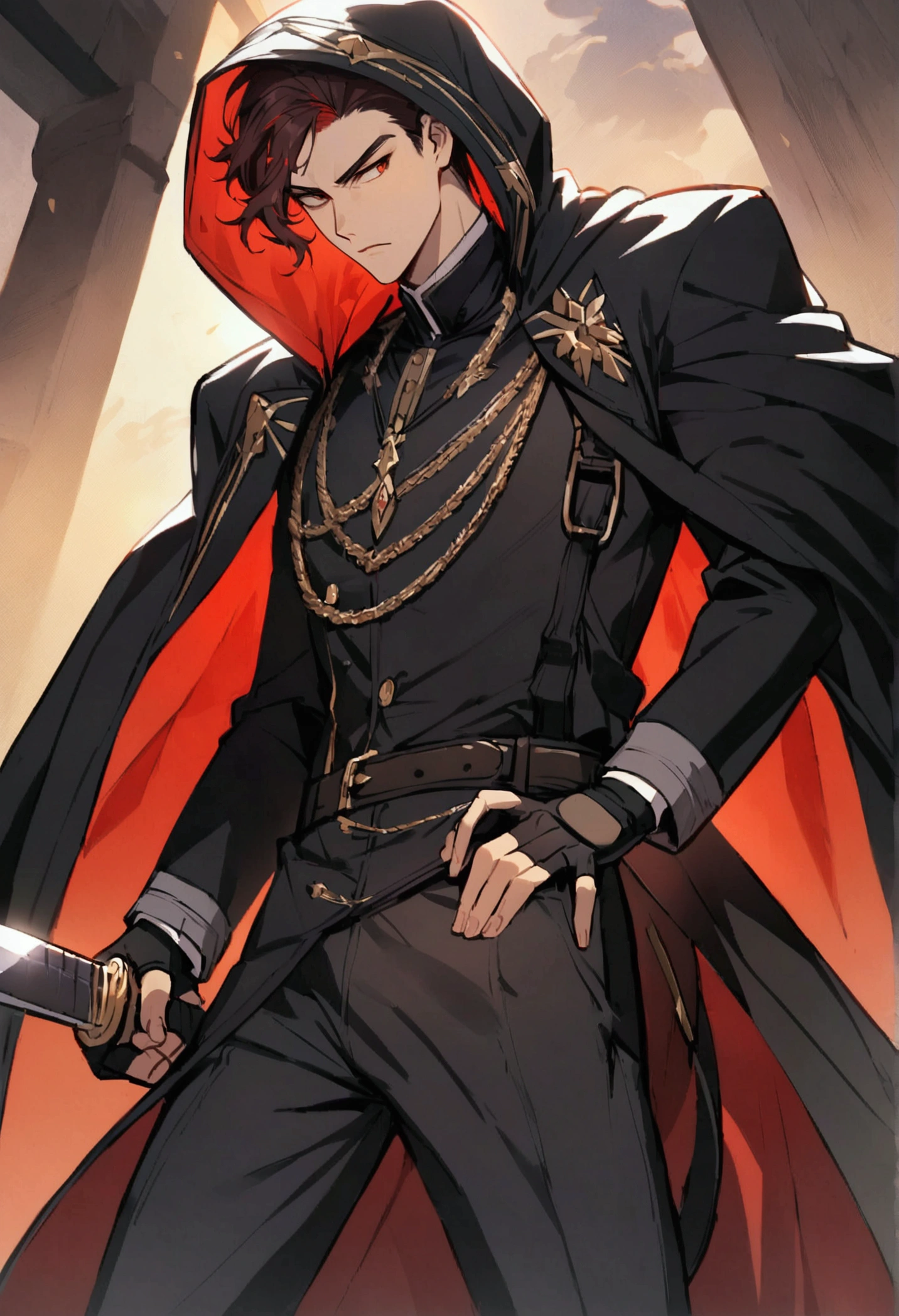 The male character has short, dark red hair styled in a slightly messy yet deliberate manner. His eyes are a striking amber, exuding a sense of confidence and determination. He has a stern and focused expression. He wears a black, high-collared coat with silver buttons and intricate detailing, reminiscent of a military or ceremonial uniform. The coat flows down dramatically, with a vibrant red inner lining that adds a bold contrast to his appearance. Attached to the coat is a hood that frames his face, adding an element of mystery and stealth.
Underneath the coat, he sports a fitted, black, buttoned shirt paired with black pants and a belt adorned with a chain, completing his sleek and polished look. He has fingerless gloves on his hands, adding a touch of ruggedness. Around his neck, he wears a silver necklace that complements his overall attire. The character wields a katana with a beautifully detailed hilt, reinforcing his warrior persona.
In addition to the katana, he carries another sword, the size of a dagger. This secondary weapon is broken, with its blade jagged and incomplete. Its sheath is adorned with a small piece of cloth, giving it a weathered and battle-worn appearance. His stance and expression reflect a formidable and confident demeanor, ready for any challenge.