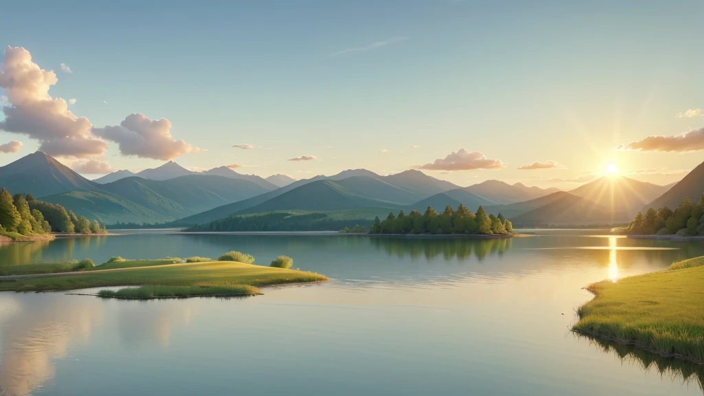 This photo depicts a peaceful landscape with the sun rising or setting near the horizon, radiates warm light. There is a calm body of water that reflects the sky and sun, surrounded by land with gentle slopes. On one side of the water body are snow-capped hills or mountains, while on the other side is green grass terrain that looks like a beach or riverbank. The calmness of the water and soft lighting create a peaceful atmosphere.