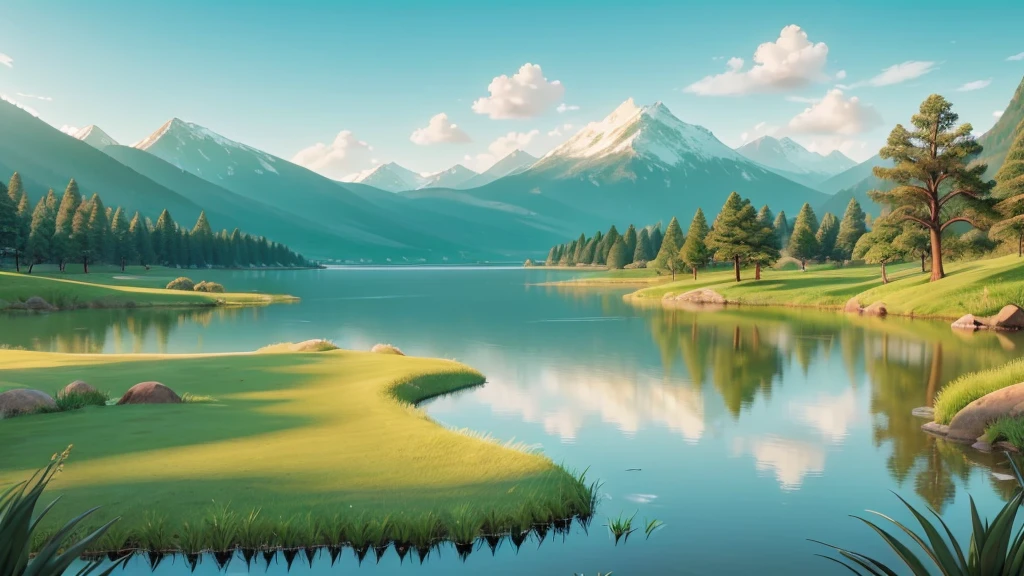 This photo depicts a peaceful landscape with the sun rising or setting near the horizon, radiates warm light. There is a calm body of water that reflects the sky and sun, surrounded by land with gentle slopes. On one side of the water body are snow-capped hills or mountains, while on the other side is green grass terrain that looks like a beach or riverbank. The calmness of the water and soft lighting create a peaceful atmosphere.