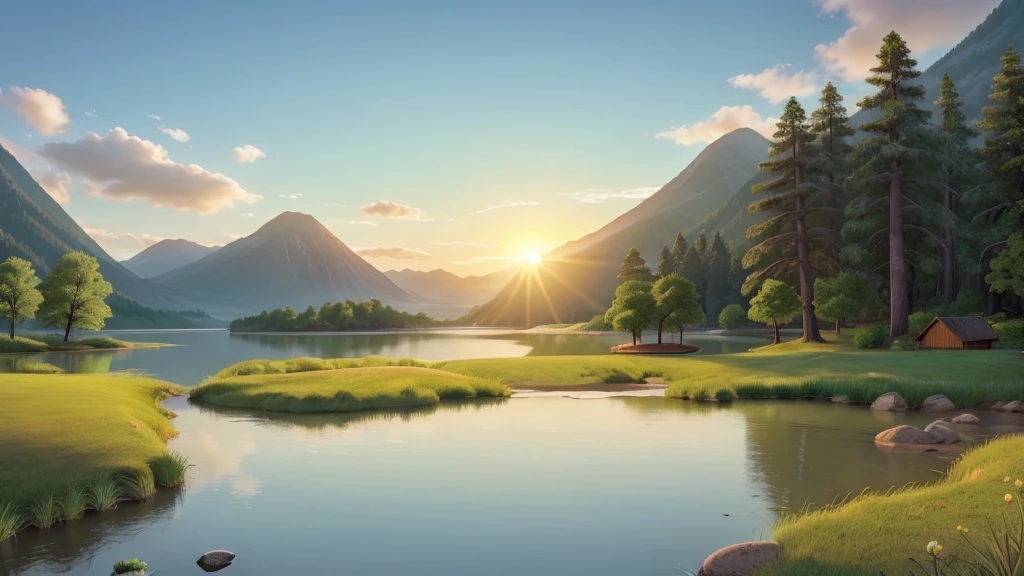 This photo depicts a peaceful landscape with the sun rising or setting near the horizon, radiates warm light. There is a calm body of water that reflects the sky and sun, surrounded by land with gentle slopes. On one side of the water body are snow-capped hills or mountains, while on the other side is green grass terrain that looks like a beach or riverbank. The calmness of the water and soft lighting create a peaceful atmosphere.