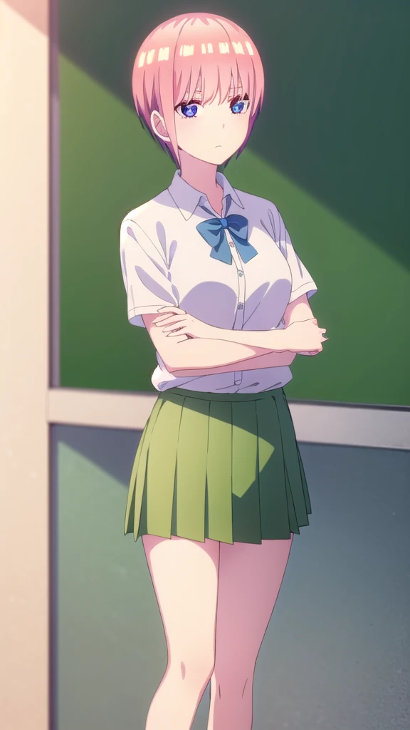 (masterpiece:1.2), best quality, high resolution, unity 8k wallpaper, (illustration:0.8), (beautiful detailed eyes:1.6), extremely detailed face, perfect lighting, extremely detailed CG, (perfect hands, perfect anatomy),niinasugawara, niina sugawara, short hair, blue eyes, blonde hair,skirt, shirt, , white shirt, short sleeves, necktie, striped, collared shirt, shirt tucked in, striped necktie,up skirt, white panty,lift skirt,1 girl,