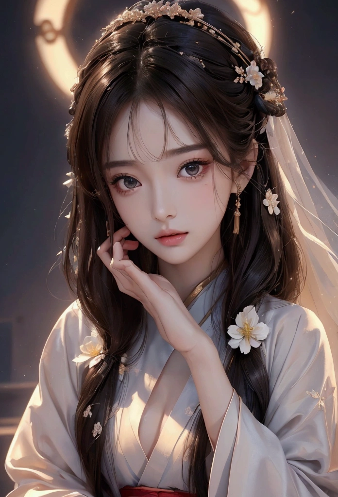 Best image quality、8k、masterpiece:1.3))、Realistic high-quality photos、Highest quality、 Beautiful face、Photos of slim models、Beautiful girl model、Young and pretty face、Beautiful model girl、A lovely and delicate face、Black Hair、Beautiful brown eyes、Young Body、Hanfu, (emphasize)、from the front、Camera gaze、Anatomically correct、胸の谷間をemphasize、whole body、