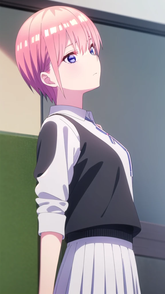 ichikanakano, Nakano Ichika, short hair, bangs, blue eyes, Hair between the eyes, Pink Hair,whole body,Low - Angle,front,looking at the camera, break skirt, shirt, , white shirt, Short sleeve, Pleated skirt, shoes, shoes下, collared shirt, Black footwear, sweater, white shoes下, Green Skirt, loafers, Waist clothes, break looking at viewer, whole body, Upper Body, break indoors, classroom, break (masterpiece:1.2), Highest quality, High resolution, unity 8k wallpaper, (figure:0.8), (Beautiful attention to detail:1.6), Highly detailed face, Perfect lighting, Highly detailed CG, (Perfect hands, Perfect Anatomy),