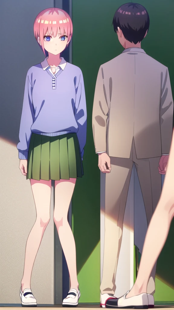 ichikanakano, Nakano Ichika, short hair, bangs, blue eyes, Hair between the eyes, Pink Hair,whole body,Low - Angle,front,looking at the camera, break skirt, shirt, , white shirt, Short sleeve, Pleated skirt, shoes, shoes下, collared shirt, Black footwear, sweater, white shoes下, Green Skirt, loafers, Waist clothes, break looking at viewer, whole body, Upper Body, break indoors, classroom, break (masterpiece:1.2), Highest quality, High resolution, unity 8k wallpaper, (figure:0.8), (Beautiful attention to detail:1.6), Highly detailed face, Perfect lighting, Highly detailed CG, (Perfect hands, Perfect Anatomy),
