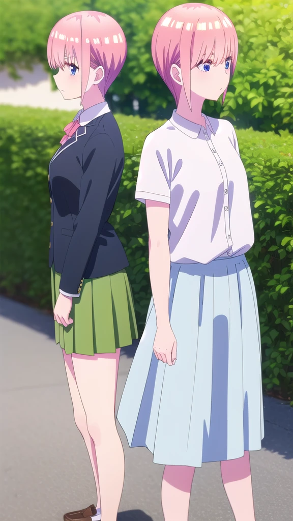 ichikanakano, Nakano Ichika, short hair, bangs, blue eyes, Hair between the eyes, Pink Hair,whole body,Low - Angle,front,looking at the camera,
break skirt, shirt, , white shirt, Short sleeve, Pleated skirt, shoes, shoes下, collared shirt, Black footwear, sweater, white shoes下, Green Skirt, loafers, Waist clothes,
break looking at viewer, whole body, Upper Body,
break indoors, classroom,
break (masterpiece:1.2), Highest quality, High resolution, unity 8k wallpaper, (figure:0.8), (Beautiful attention to detail:1.6), Highly detailed face, Perfect lighting, Highly detailed CG, (Perfect hands, Perfect Anatomy),
