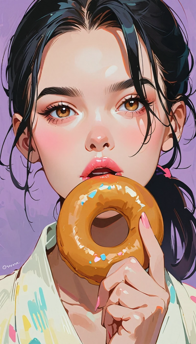 masterpiece、best quality: 1.2)、1 girl、、Anime style、Black Hair、Pink lips、Japanese、Ponytail、Take a bite of a donut、In the style of a leading portrait painter、Purple background。