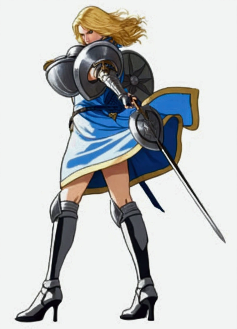 Close-up view of a blonde woman holding a sword on the battlefield, blue dress with belt and armor