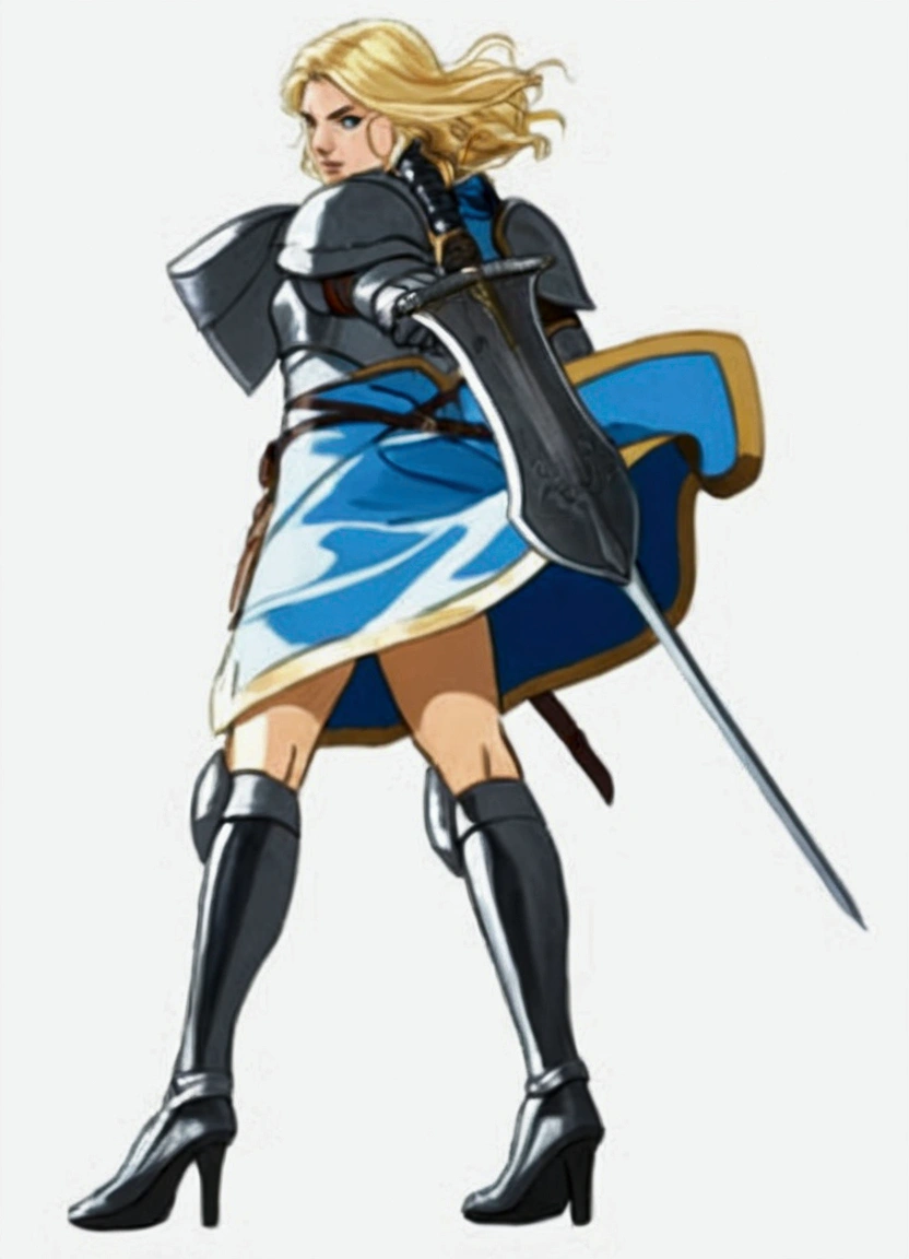 Close-up view of a blonde woman holding a sword on the battlefield, blue dress with belt and armor