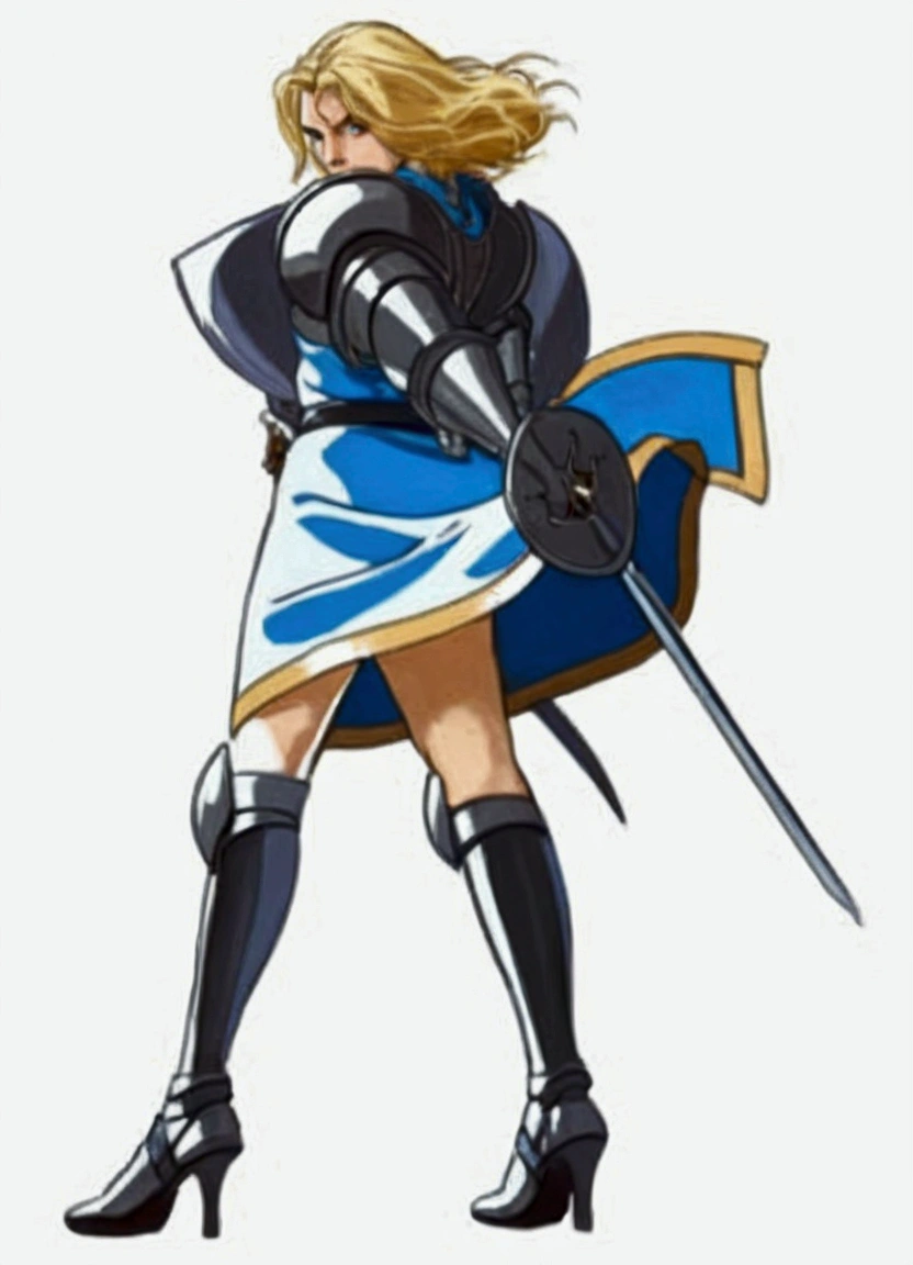 Close-up view of a blonde woman holding a sword on the battlefield, blue dress with belt and armor