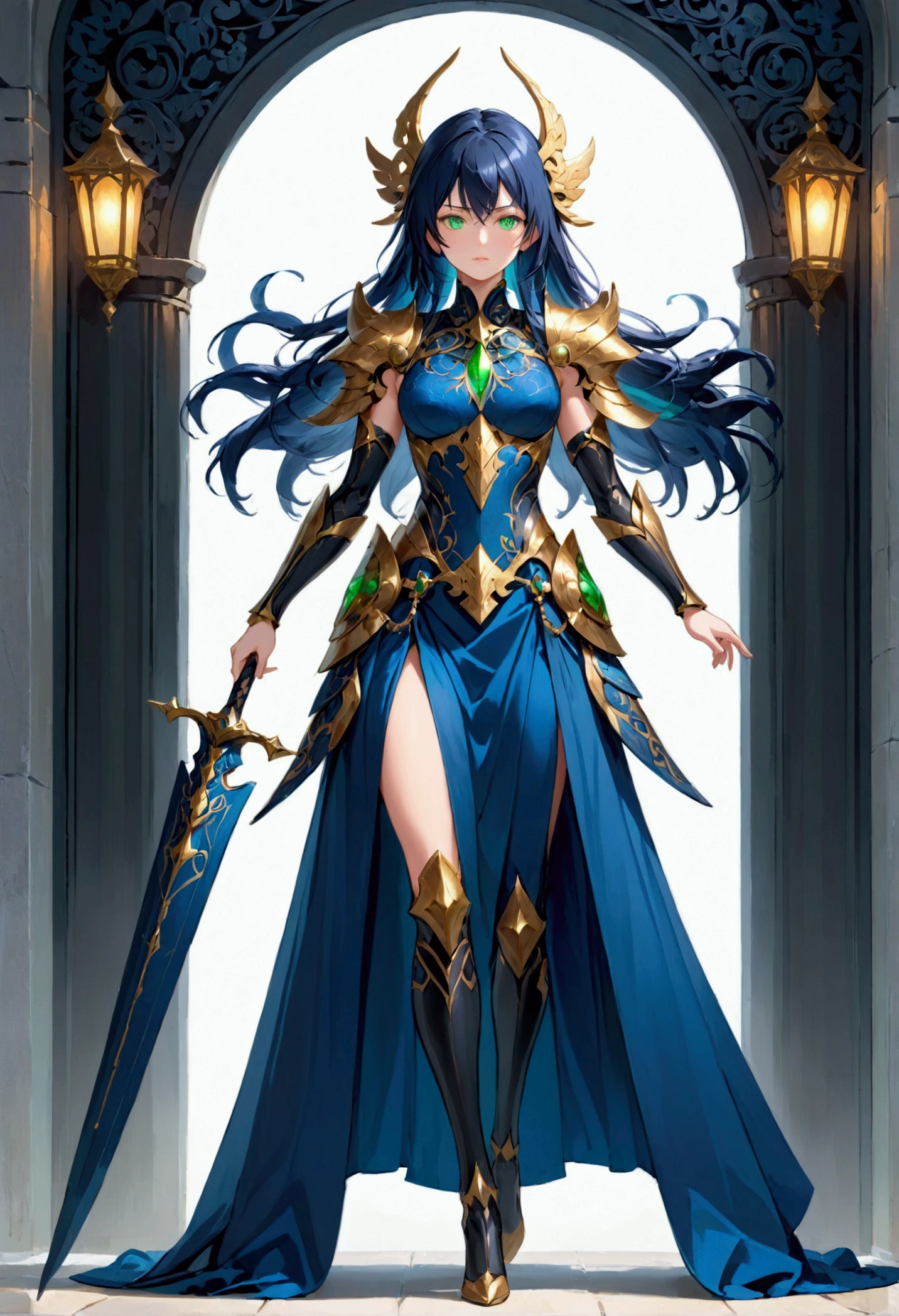 Girl with dark blue hair, green eyes,tall rectangular body figure, mature, warrior outfit