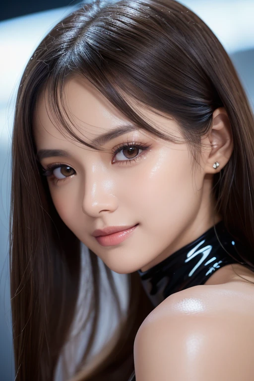 Latex bodysuit、Knee-high boots、Huge 、Long brown hair、Shiny, Oily skin、Glowing Skin、Indoor competition pool、White skin、The beauty of kimono, Body Portrait, 8k, Narrow and beautiful eyes, Dindal effect, masterpiece, 最high quality, high quality, High resolution, Very detailed写真, (Natural skin texture, Fine skin, Hyperrealism, Ultra Sharpness) , Skin with attention to detail, (Very fine, Fine skin texture, Intricate details, Beautiful Face, (Lifelike face), Realistic eyes, Beautiful and detailed eyes, Realistic Skin, Beautiful Skin, Surreal, Very detailed, Golden Ratio, Smiling Eyes, ((Night moonlight background)), Body Portrait, glamorous, Shinyボディスーツ