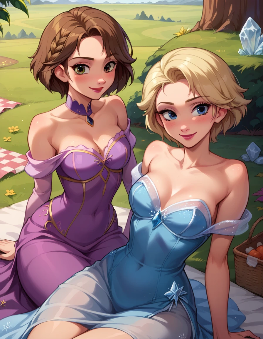 Score_9, score_8_up, score_7_up, rating_safe, source_comic, detailed soft lighting, 2girls, BREAK, Elsa from Frozen, (blonde hair, braid, ice blue dress:1.3), BREAK, Rapunzel from Tangled, (brown hair, short hair, purple dress:1.5), BREAK yuri, girlfriends, on a romantic date, enjoying a picnic, smile, beautiful eyes, open eyes, (masterpiece, best quality, highly detailed, beautiful), SFW.