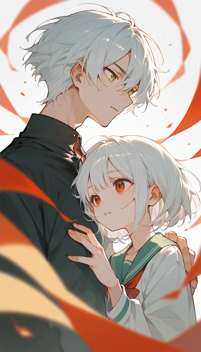 There is a girl with white hair and red eyes and a boy with white hair and yellow-green eyes.、Both of them have short bob hair.、Composition showing the whole body、A view from a little below、The girl is happily touching the man's genitals、The man is standing、Photographing the male genitalia、Chastity devices for male genitalia、The boys are naked but wearing collars.、The boy is restrained and wearing an armbinder.、The boy is blushing, sweating, and his nipples are erect.、tears、Drooling、Eyes are hearts、Trembling、Embarrassed face、Sticking out tongue、Bondage、Pre-cum is overflowing from the tip of the male organ、Have patience、I feel、White Breath、Ecstatic expression、I'm nervous、