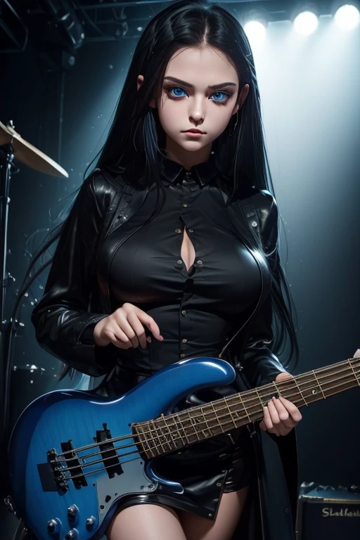 (((Only 1 woman))), ((lower camera shot, side shot)), masterpiece, 8k, high quality, ultra detailed, anime style, CG Unity, beautiful anime woman, ((30 years old, rockstar, bass_guitar player)), (((pale skin: 1.3))), wearing sexy (((leather outfit, miniskirt))), (((cleavage: 1.3))), (((blue hair))), blue eyes, ((perfect body)), (((breasts:1, waist:1.1, hips:0.9, toned legs:1))), looking directly to camera, sexy gaze, sexy smile, ((lucious lips)), (((playing bass guitar, sexy pose))), it is an (((artificial lighted scene))) in a rock stage club