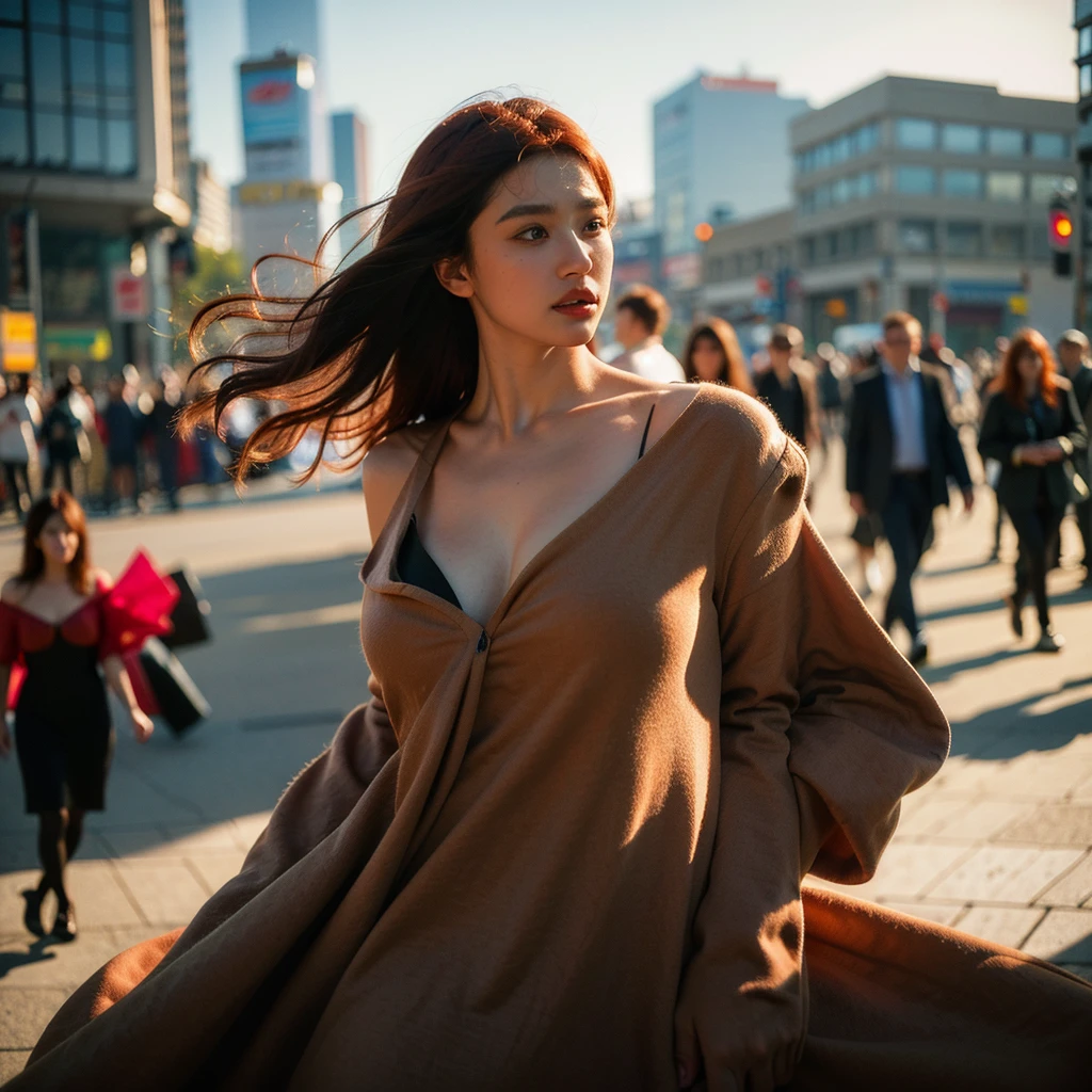 full body shot, Best quality, a 20y (chubby:1.2) kazak women, wearing (bohemian woolen dress:1), big breast, (sexy:1.2) (redhead:1.2) hair blowing in the wind, moody atmosphere, sunlight exposure, beautiful shadow, dramatic posing in the (crowded city:1.4), perfect object, perfect anatomy, kodacrhome, cinematic, natural, perfect direct of photography, realistic face and eyes, realistic skin, ultra highly detailed, sharp focus, beautiful film bokeh, surreal view, (candid style:1.2), shot by zenit camera with 35mm lens, Portrait by annie leibovitz