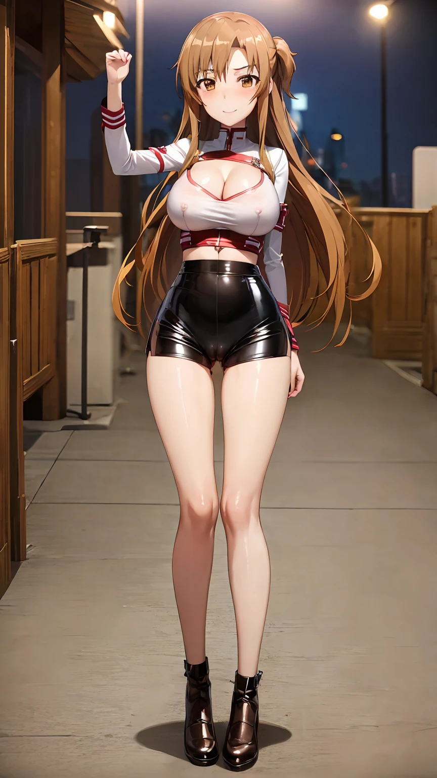 [asuna yuuki, long hair, brown hair, (brown eyes:1.8),], 1girl, anime girl, anime, girl, 2d girl, 16y, (fullbody), seductive smile, blush, cleavage, Solo, Slim, Latex shirt, Big breasts, large Breasts, sfw, cowboy shot, Tight Shorts, low waist shorts, upshorts, outdoors, night background, looking at viewer, darker shadows, (((explicit))), (((shorts))), (((absurdres))), (((thigh gap))), cameltoe, (((cameltoe))), (((cleft of venus))), (((lowleg shorts))),