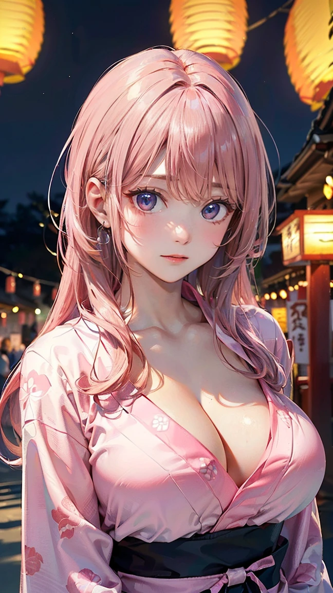 ((Highest quality, 8k, masterpiece :1.3)), (Sharp focus :1.2, Beautiful woman with perfect figure :1.4, Slim Abs), ((Big Breasts, Emphasize cleavage:1.2)), (Photorealistic:1.4), (realistic:1.4), (Pink Hair:1.5), Highly detailed face and skin texture, Fine grain, double eyelid. Makeup face, A little bit of lipstick, sex appeal, Sexy gravure pose, ((Wearing a pink yukata、A high school girl with her hair down、Smiling sexy against the backdrop of lantern lights on a summer festival night。:1.3)