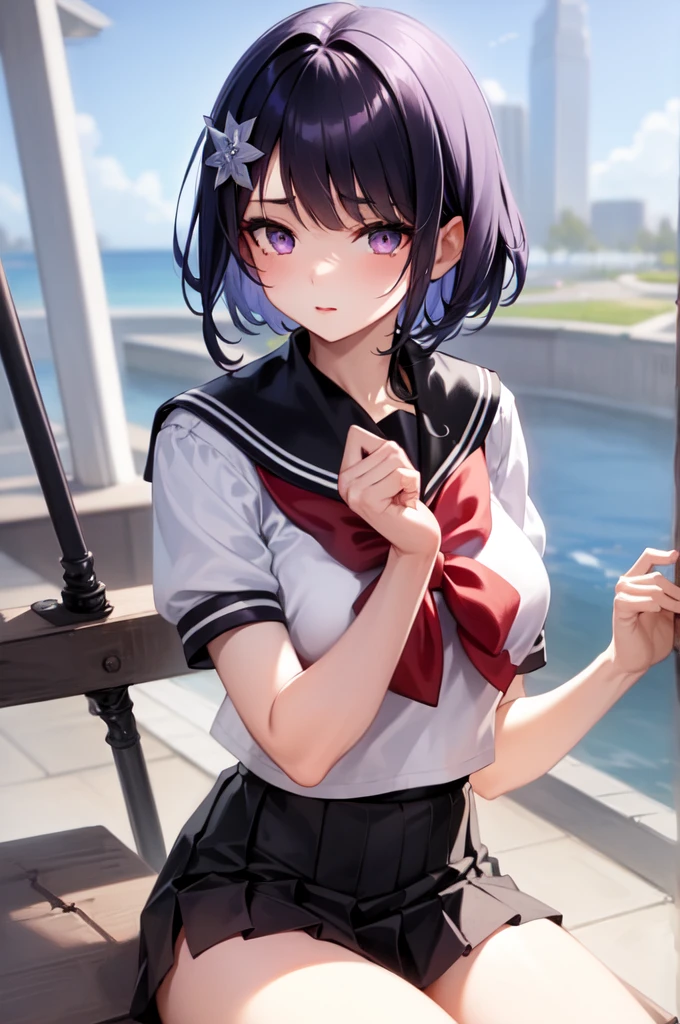 masterpiece,best quality,ultra resolution,hair ornament,sailor dress,(short sleeve:1),pleated skirt,short hair,black hair,purple eyes,upper body,detailed face,1girl,solo,pillory,flail