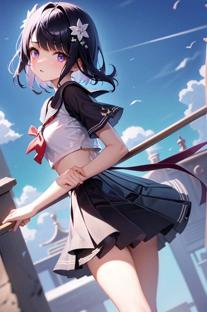 masterpiece,best quality,ultra resolution,hair ornament,sailor dress,(short sleeve:1),pleated skirt,short hair,black hair,purple eyes,upper body,detailed face,1girl,solo,pillory,flail