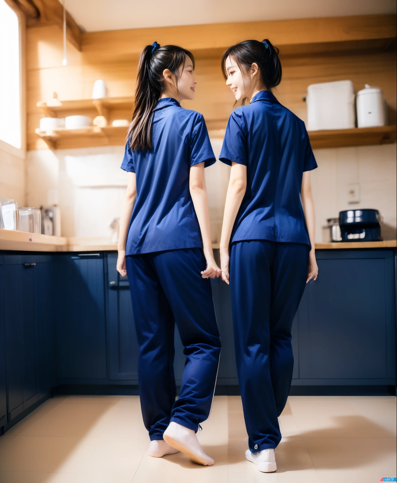 (best quality,10,10,height,Masterpiece:1.2),Special details,(realistic,ภาพrealistic,Realistic photos:1.37),1 Cute girl in the kitchen,shiny, ผิวshiny,only,smile softly,BDclothelue shirt:1.3)),short sleeve,shirt, กางเกงขาlong.,(navy_long_track pants:1.1), ((Kitchen Background)),Dynamic angle,excited,Face focus,dynamic poses,from behind,focus on ass,Masterpiece, best quality, ultra realistic, hyper detail, 8k resolution, raw photos, Sharp focus, ((Navy blue shirt:1.1)), short sleeve, เส้นทางlong, perfect body, 2 mature women, 18 years old, Cinema-grade lighting system,blue sweatpants,shirtผ้าออกกำลังกาย,correct anatomy,perfect body, correct body, Sharp face, correct bodyทางกายวิภาค, full body, realistic gestures, long-haired, realistic poses,Wear long shorts...........................,ช่วงขาlong,Good shape,carved girl, Slender figure, model, Good shape, beautiful body,blue sweatpants, two girls kissing