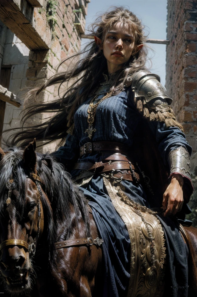 Masterpiece, Best quality, Ultra-detailed, illustration, epic lighting, Cinematic composition. fantasy, a elf paladin girl riding large long mane lion. oil painting