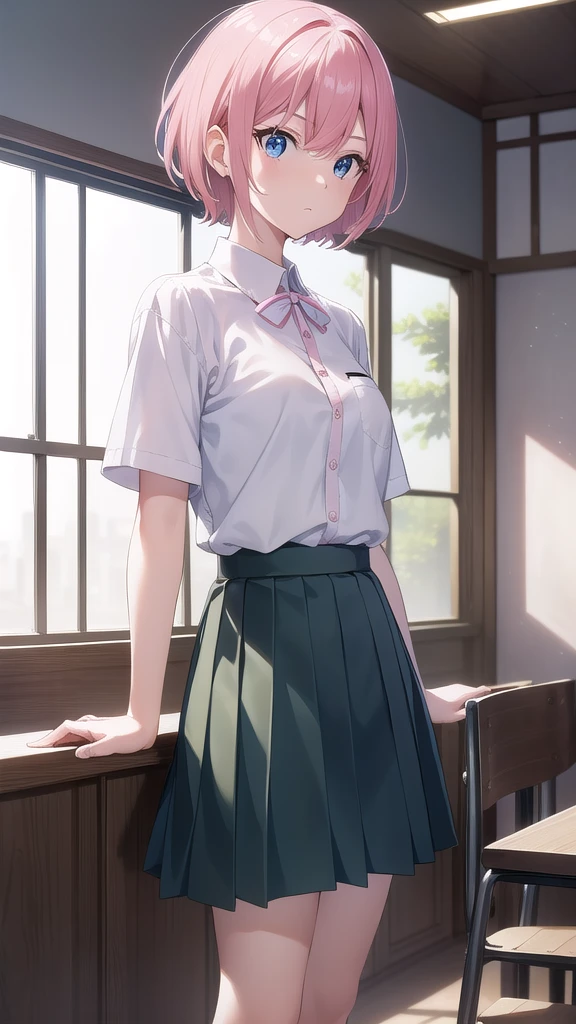 ichikanakano, Nakano Ichika, short hair, bangs, blue eyes, Hair between the eyes, Pink Hair,whole body,Low - Angle,front,looking at the camera, break skirt, shirt, , white shirt, Short sleeve, Pleated skirt, shoes, shoes下, collared shirt, Black footwear, sweater, white shoes下, Green Skirt, loafers, Waist clothes, break looking at viewer, whole body, Upper Body, break indoors, classroom, break (masterpiece:1.2), Highest quality, High resolution, unity 8k wallpaper, (figure:0.8), (Beautiful attention to detail:1.6), Highly detailed face, Perfect lighting, Highly detailed CG, (Perfect hands, Perfect Anatomy),