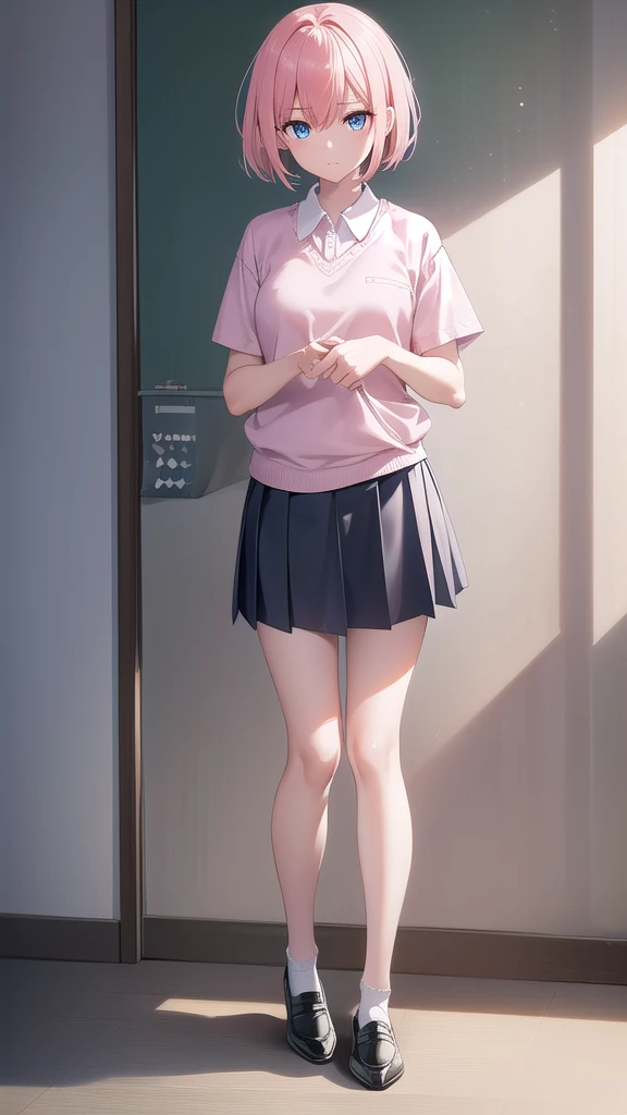 ichikanakano, Nakano Ichika, short hair, bangs, blue eyes, Hair between the eyes, Pink Hair,whole body,Low - Angle,front,looking at the camera, break skirt, shirt, , white shirt, Short sleeve, Pleated skirt, shoes, shoes下, collared shirt, Black footwear, sweater, white shoes下, Green Skirt, loafers, Waist clothes, break looking at viewer, whole body, Upper Body, break indoors, classroom, break (masterpiece:1.2), Highest quality, High resolution, unity 8k wallpaper, (figure:0.8), (Beautiful attention to detail:1.6), Highly detailed face, Perfect lighting, Highly detailed CG, (Perfect hands, Perfect Anatomy),