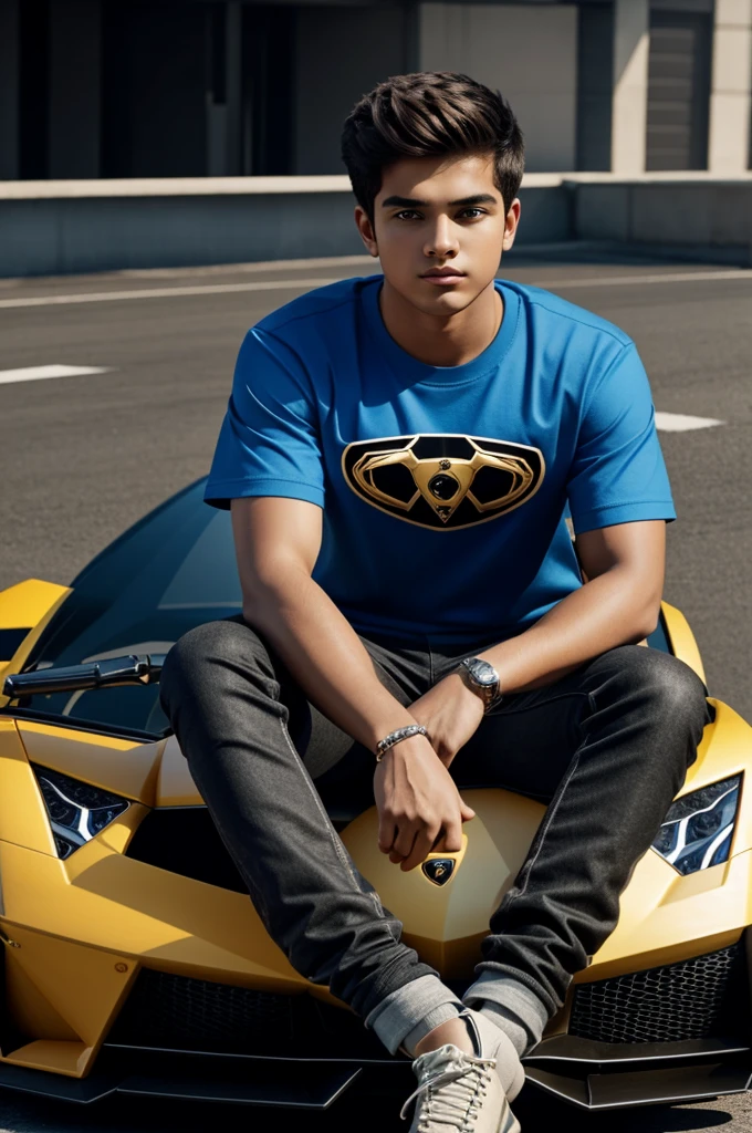 boy sitting casually on the "Lamborghini car ". The character must wearing ''kavi'' name printed tshirt. The background of the image is a road , 3d